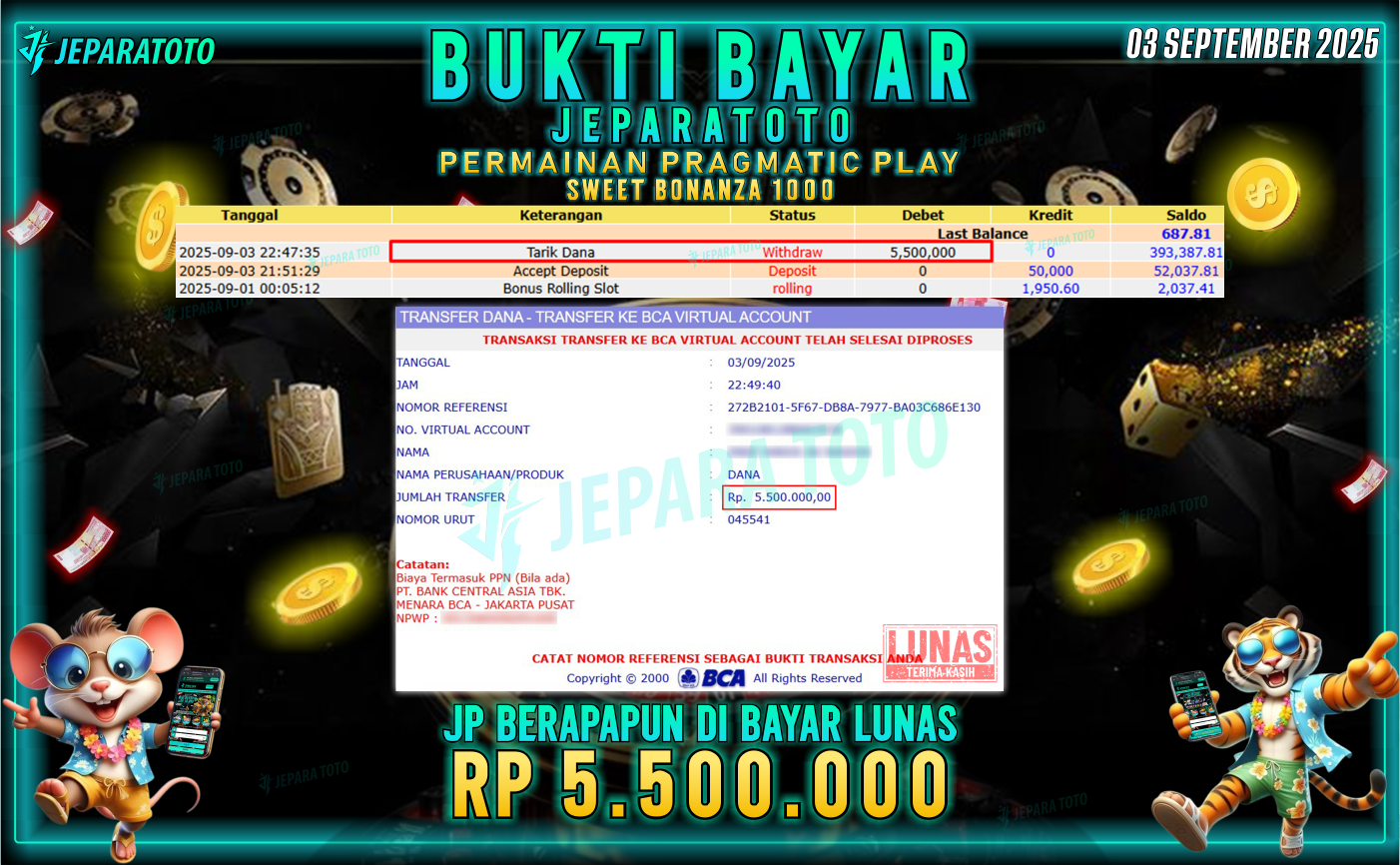 BUKTI KEMENANGAN MEMBER JEPARATOTO | SWEET BONANZA 1000