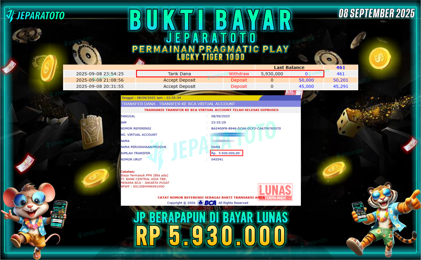 BUKTI KEMENANGAN MEMBER JEPARATOTO | LUCKY TIGER 1000
