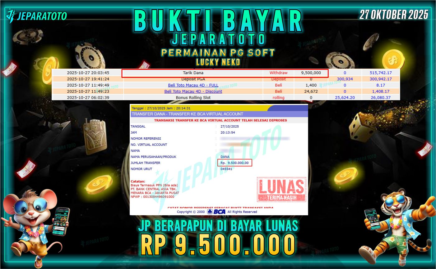 BUKTI KEMENANGAN MEMBER JEPARATOTO | LUCKY NEKO