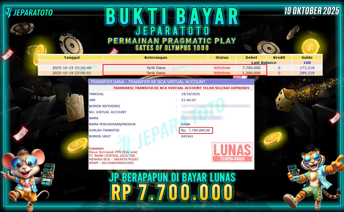 BUKTI KEMENANGAN MEMBER JEPARATOTO | GATES OF OLYMPUS 1000