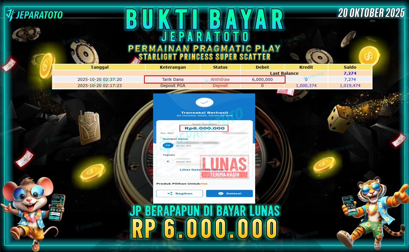 BUKTI KEMENANGAN MEMBER JEPARATOTO | STARLIGHT PRINCESS SUPER SCATTER