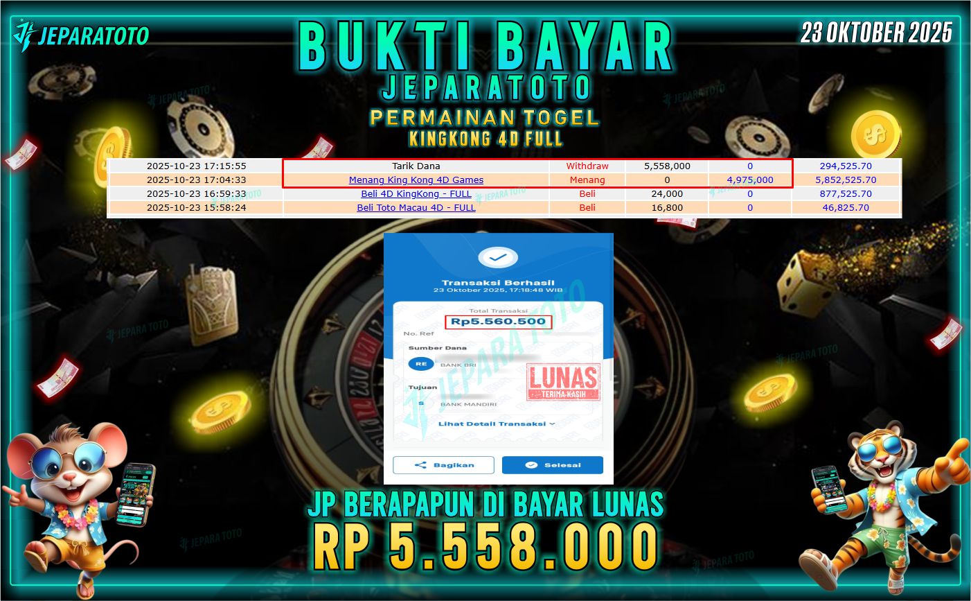 BUKTI KEMENANGAN MEMBER JEPARATOTO | KINGKONG 4D  FULL