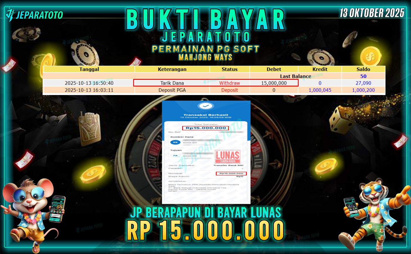 BUKTI KEMENANGAN MEMBER JEPARATOTO | MAHJONG WAYS