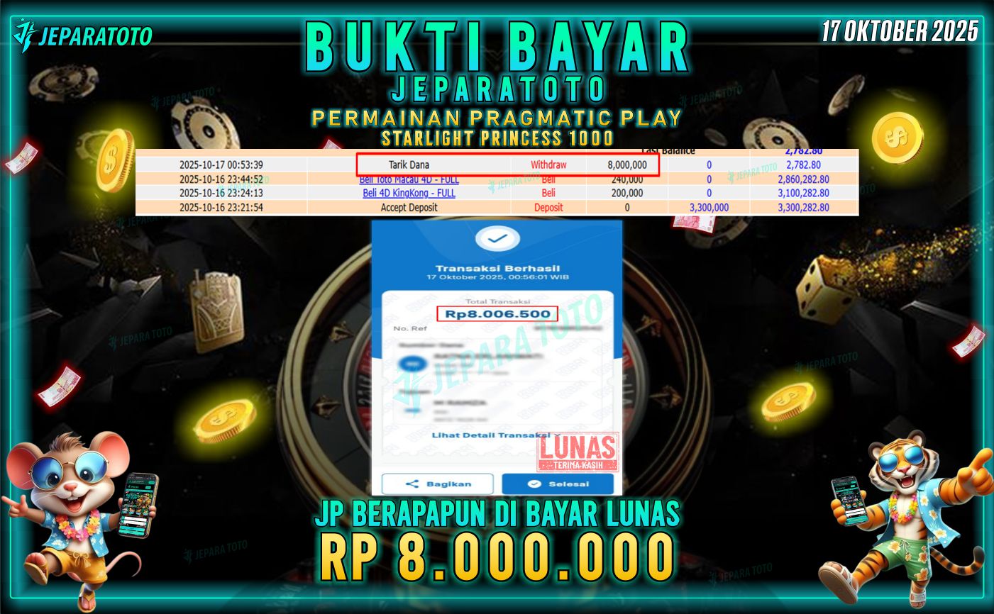 BUKTI KEMENANGAN MEMBER JEPARATOTO | STARLIGHT PRINCESS 1000