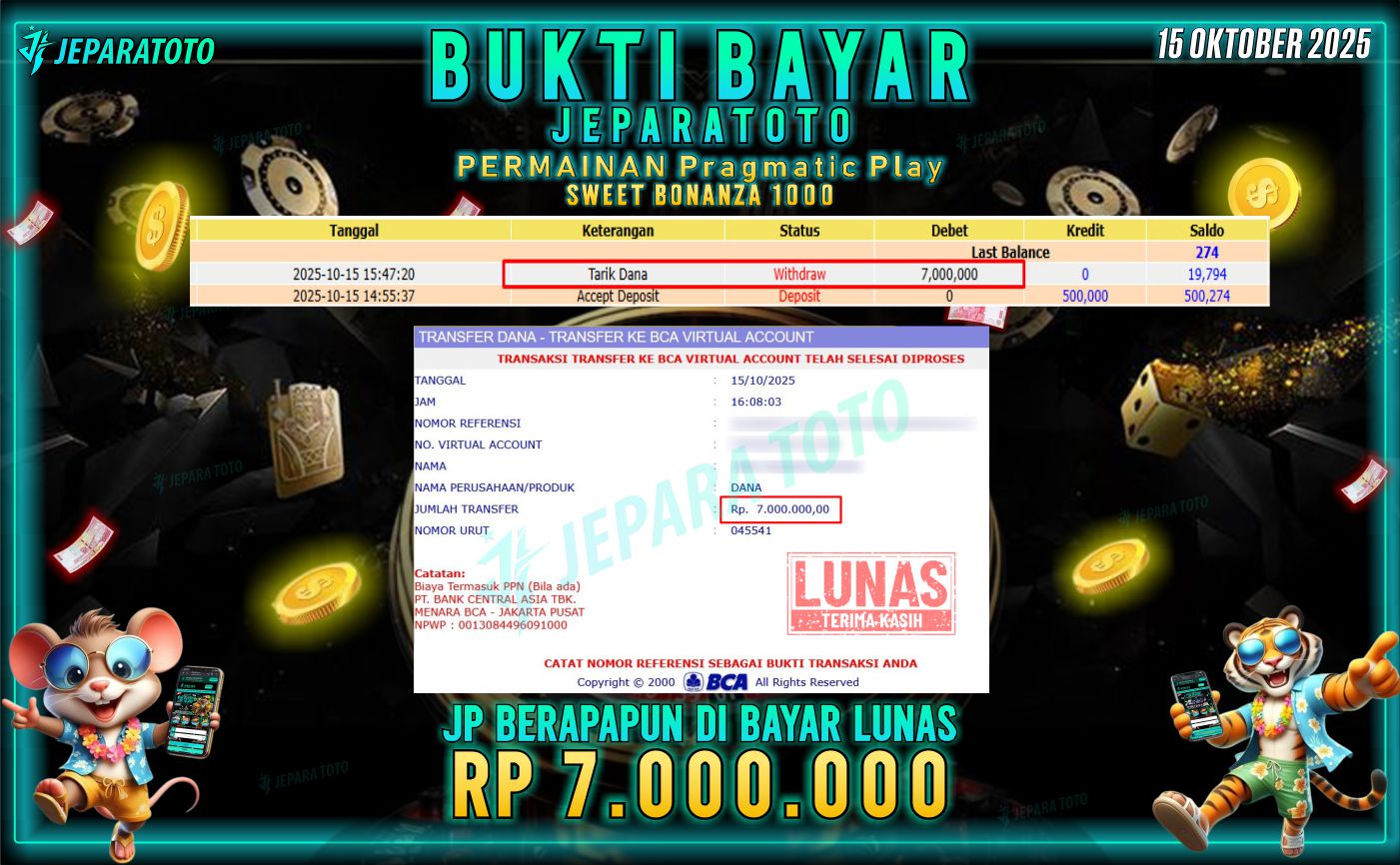 BUKTI KEMENANGAN MEMBER JEPARATOTO | SWEET BONANZA 1000