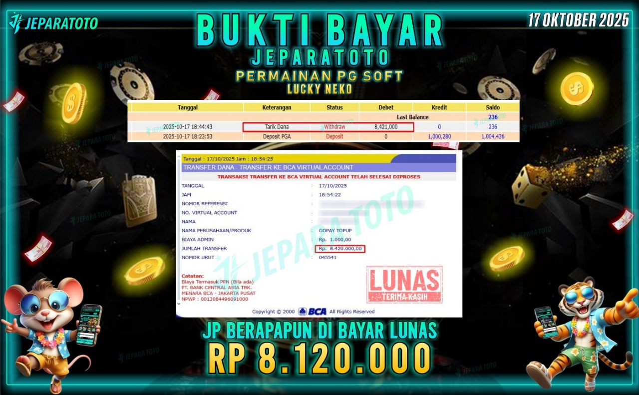BUKTI KEMENANGAN MEMBER JEPARATOTO | LUCKY NEKO