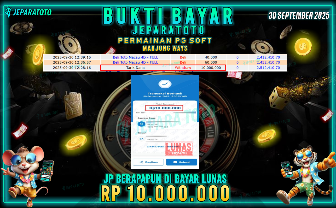 BUKTI KEMENANGAN MEMBER JEPARATOTO | MAHJONG WAYS