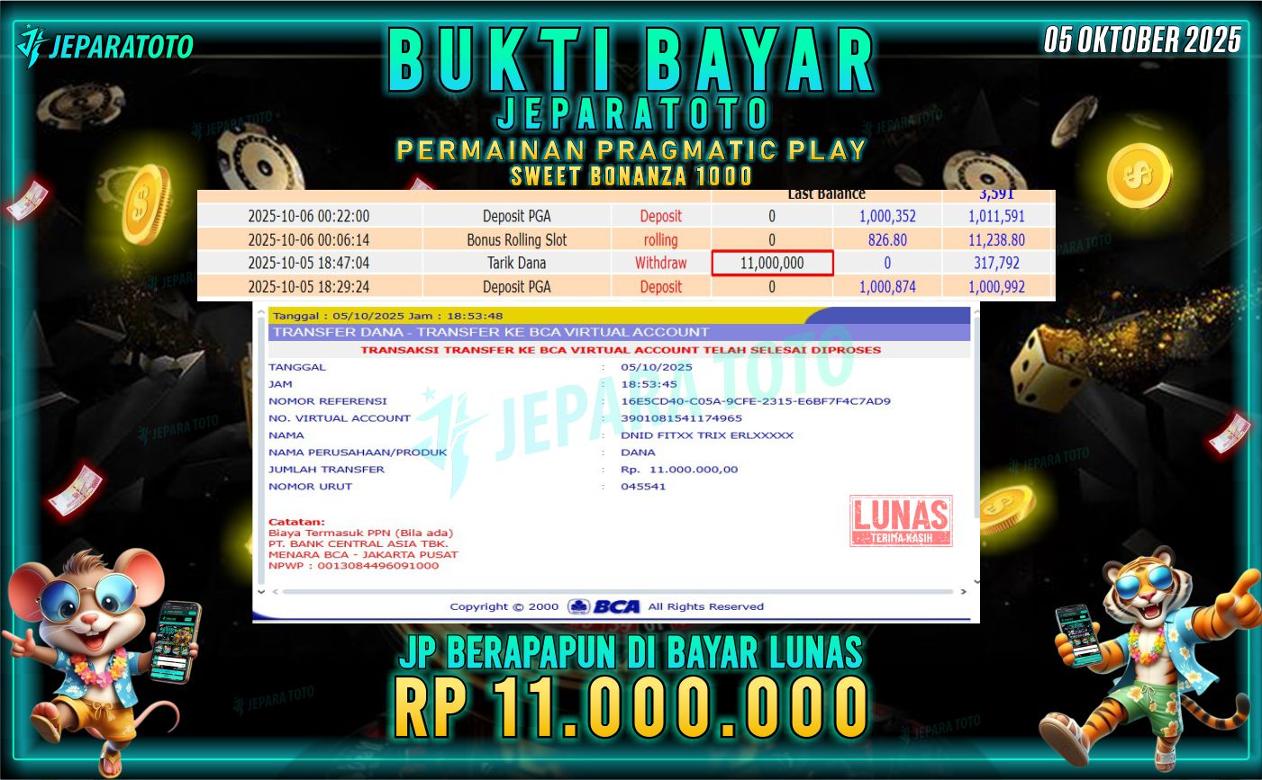 BUKTI KEMENANGAN MEMBER JEPARATOTO | SWEET BONANZA 1000