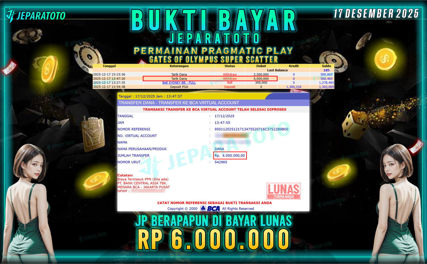 BUKTI KEMENANGAN MEMBER JEPARATOTO | GATES OF OLYMPUS SUPER SCATTER