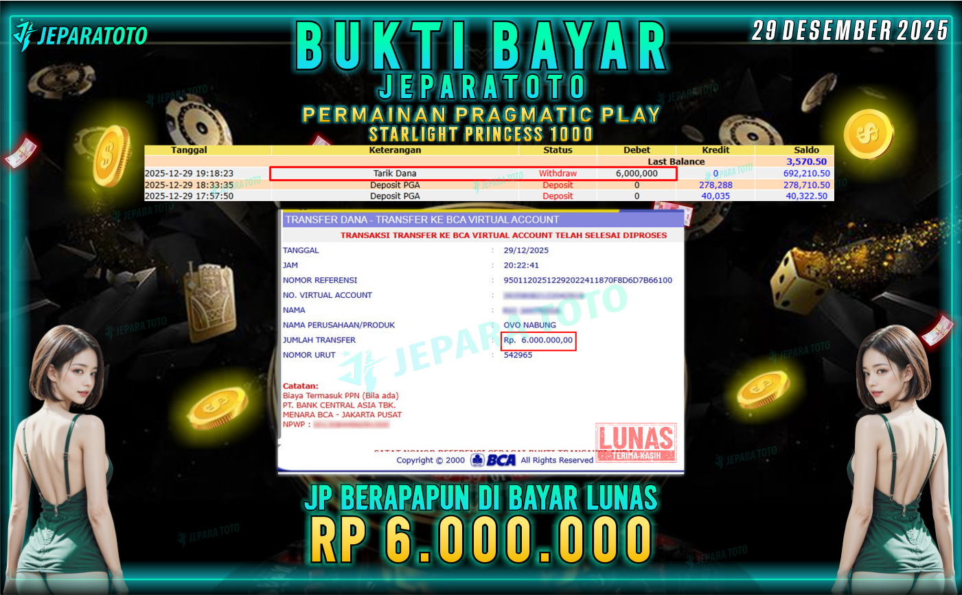 BUKTI KEMENANGAN MEMBER JEPARATOTO | STARLIGHT PRINCESS 1000