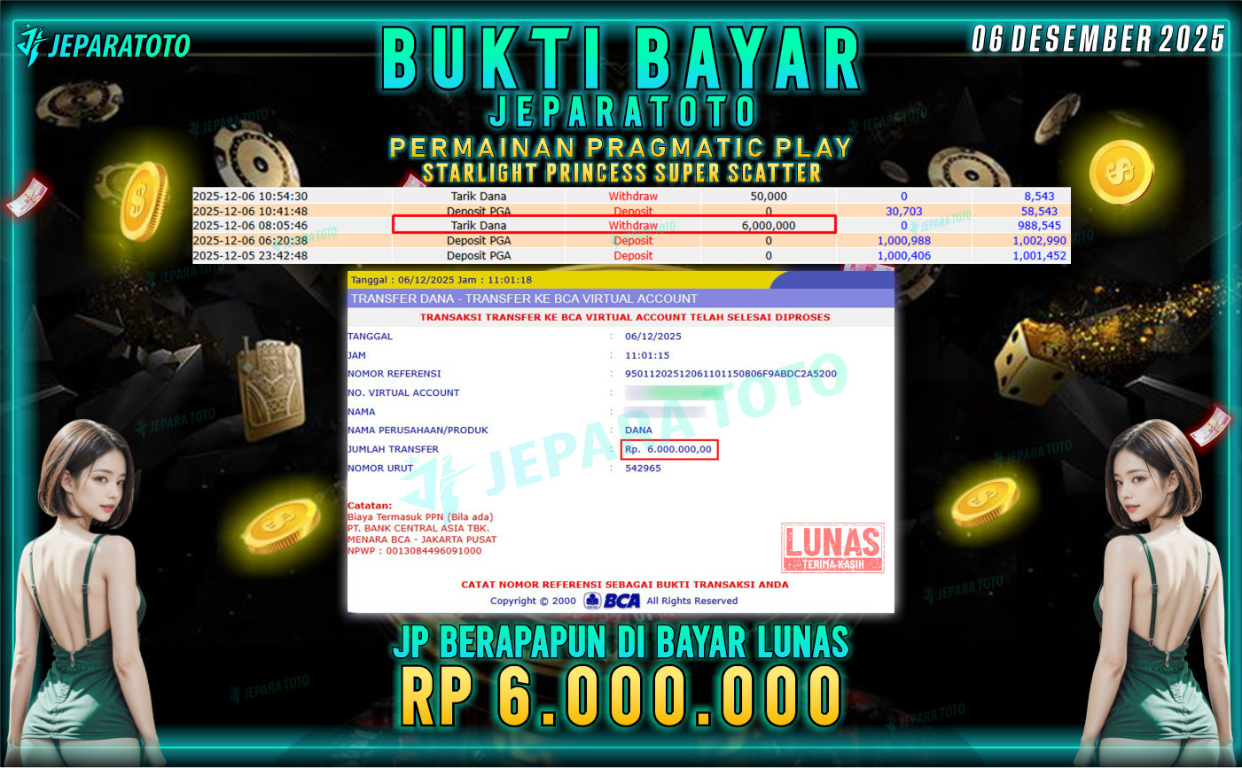 BUKTI KEMENANGAN MEMBER JEPARATOTO | STARLIGHT PRINCESS SUPER SCATTER