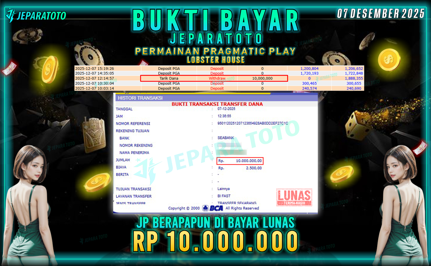 BUKTI KEMENANGAN MEMBER JEPARATOTO | LOBSTER HOUSE