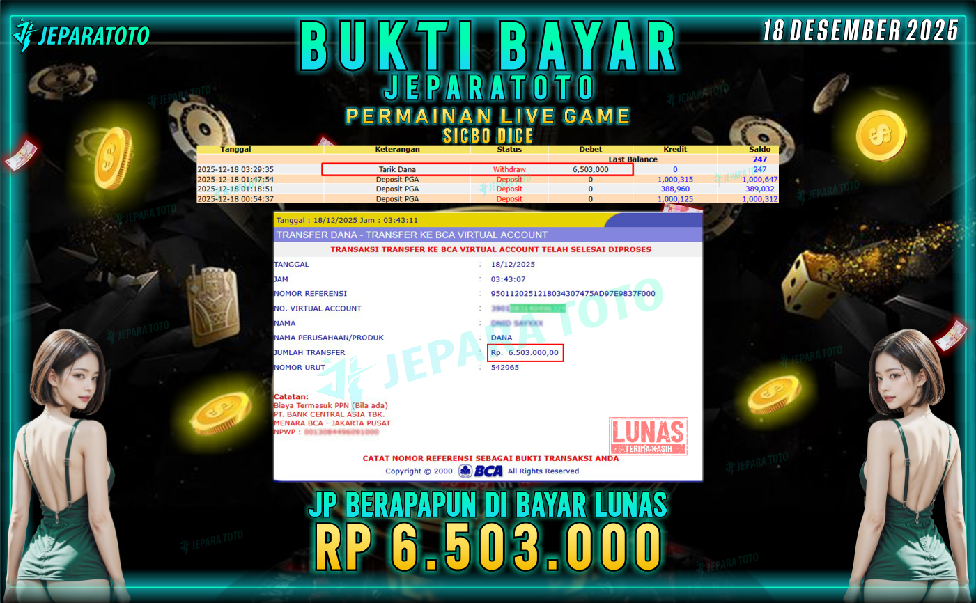 BUKTI KEMENANGAN MEMBER JEPARATOTO | SICBO DICE