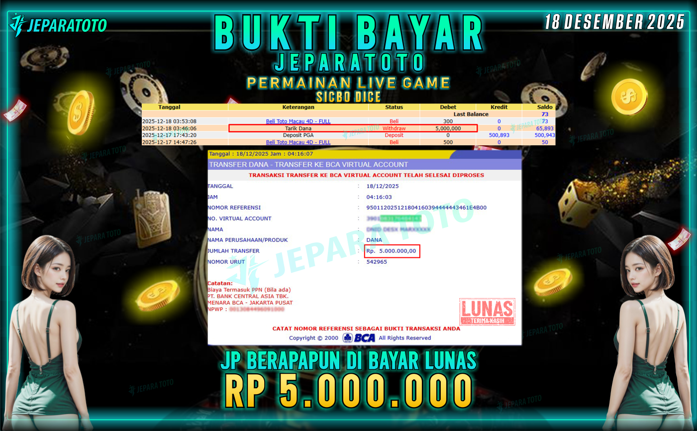 BUKTI KEMENANGAN MEMBER JEPARATOTO | SICBO DICE