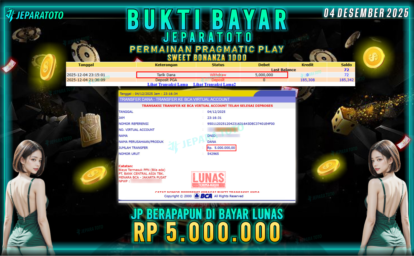 BUKTI KEMENANGAN MEMBER JEPARATOTO | SWEET BONANZA 1000