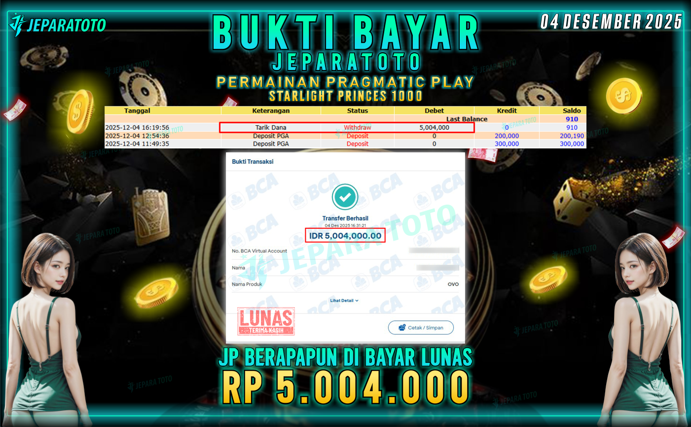 BUKTI KEMENANGAN MEMBER JEPARATOTO | STARLIGHT PRINCESS 1000