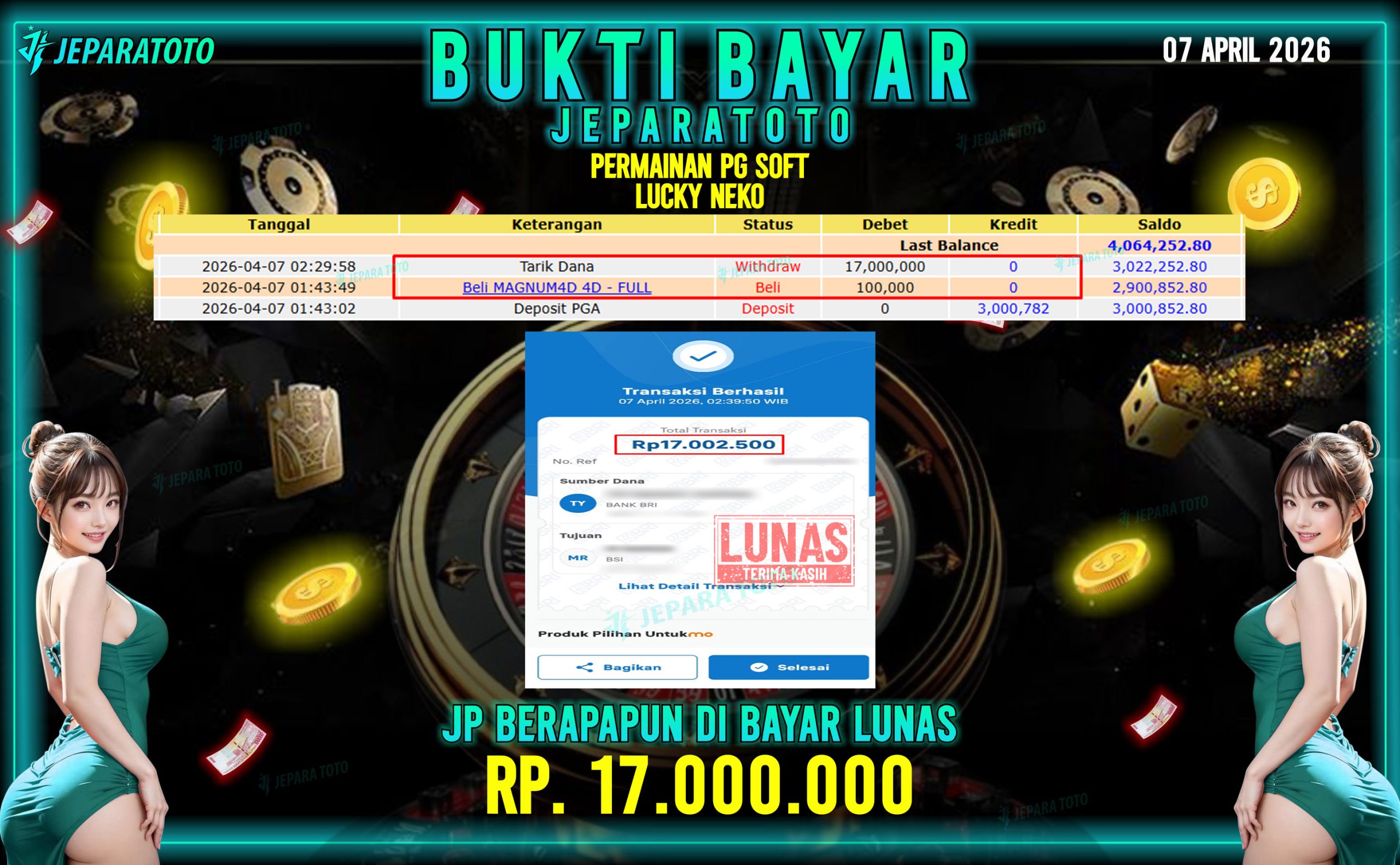 BUKTI KEMENANGAN MEMBER JEPARATOTO I LUCKY NEKO