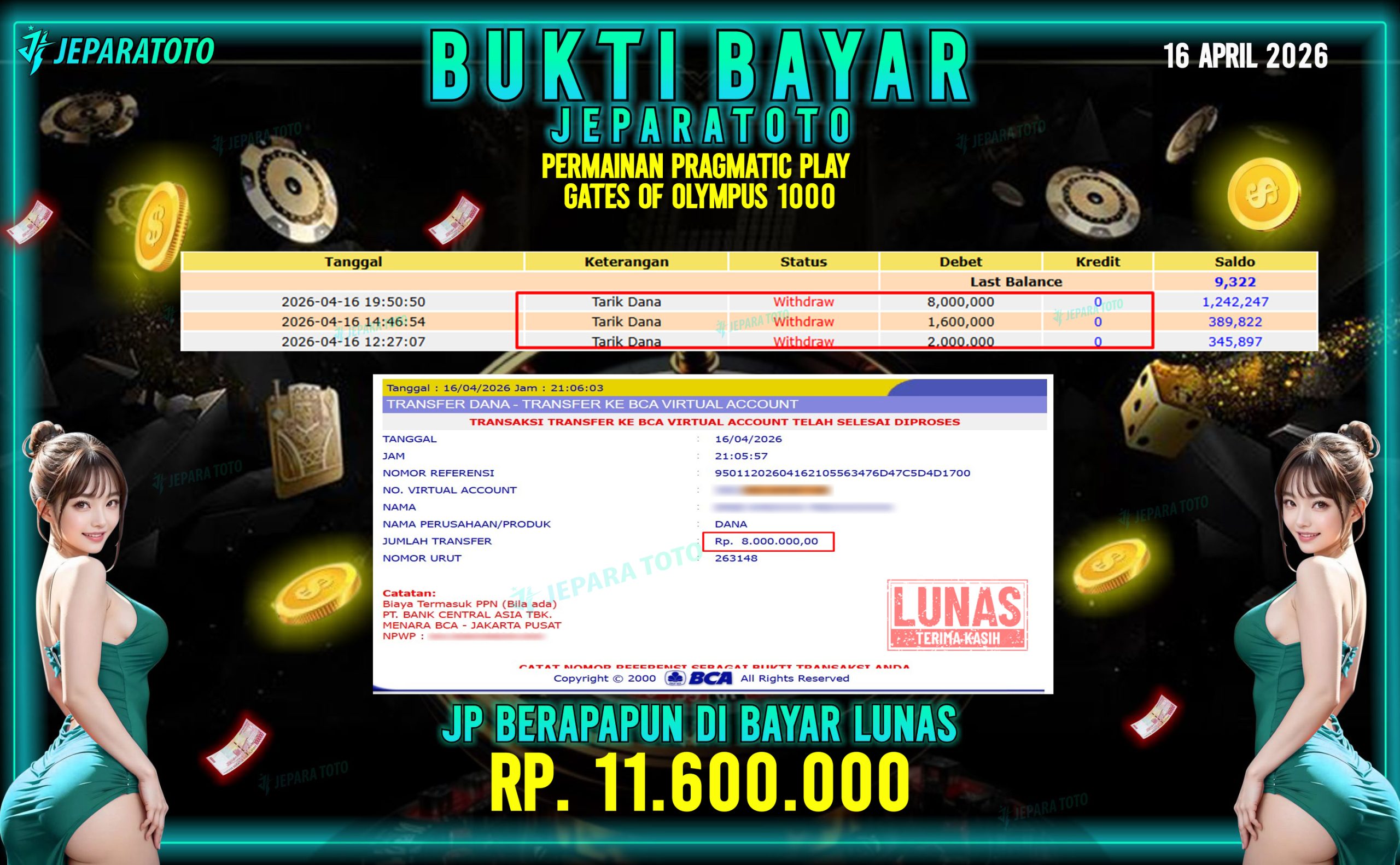 BUKTI KEMENANGAN MEMBER JEPARATOTO I GATES OF OLYMPUS 1000
