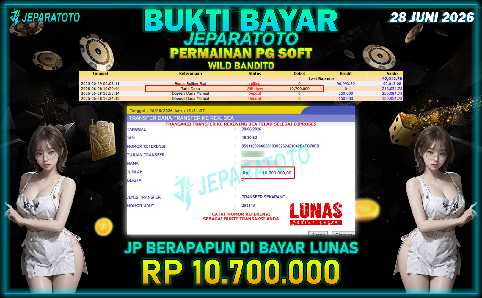 BUKTI KEMENANGAN MEMBER JEPARATOTO I WILD BANDITO