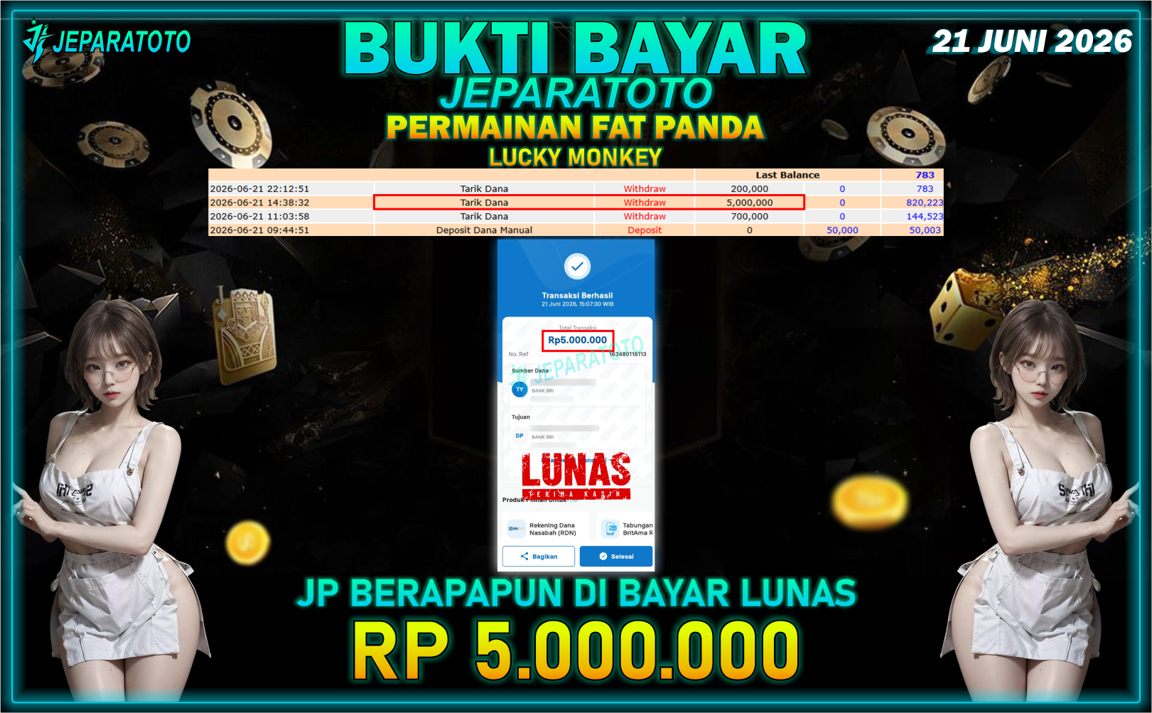 BUKTI KEMENANGAN MEMBER JEPARATOTO I LUCKY MONKEY