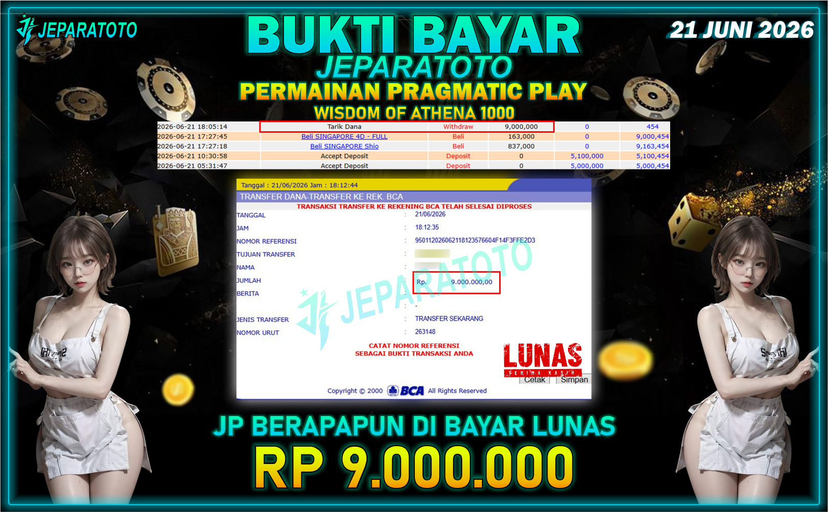 BUKTI KEMENANGAN MEMBER JEPARATOTO I WISDOM OF ATHENA 1000