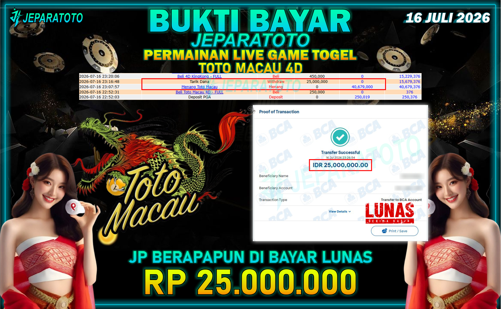 BUKTI KEMENANGAN MEMBER JEPARATOTO I TOTO MACAU 4D