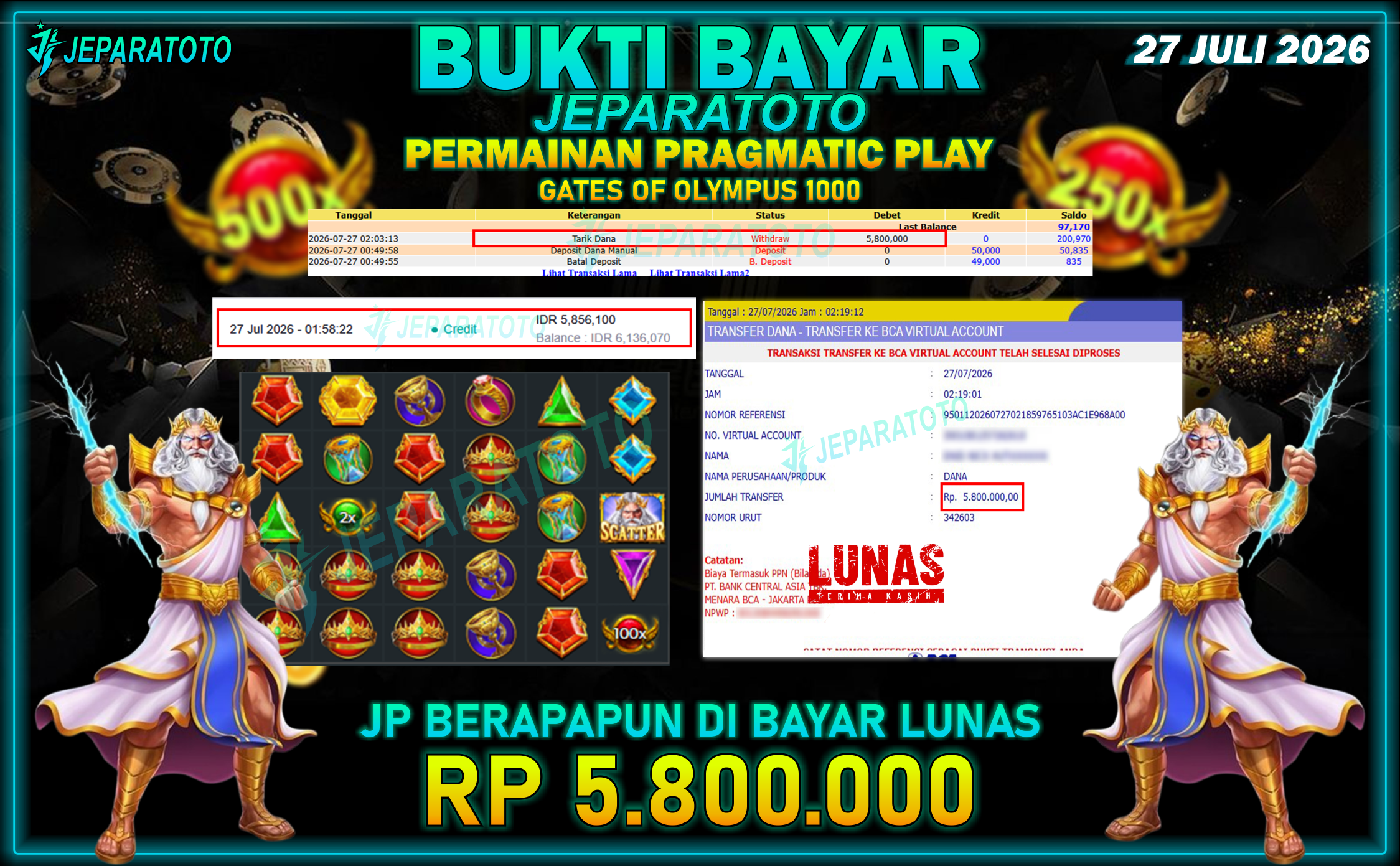 BUKTI KEMENANGAN MEMBER JEPARATOTO I GATES OF OLYMPUS 1000