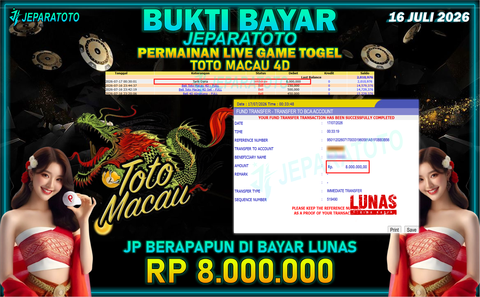 BUKTI KEMENANGAN MEMBER JEPARATOTO I TOTO MACAU 4D