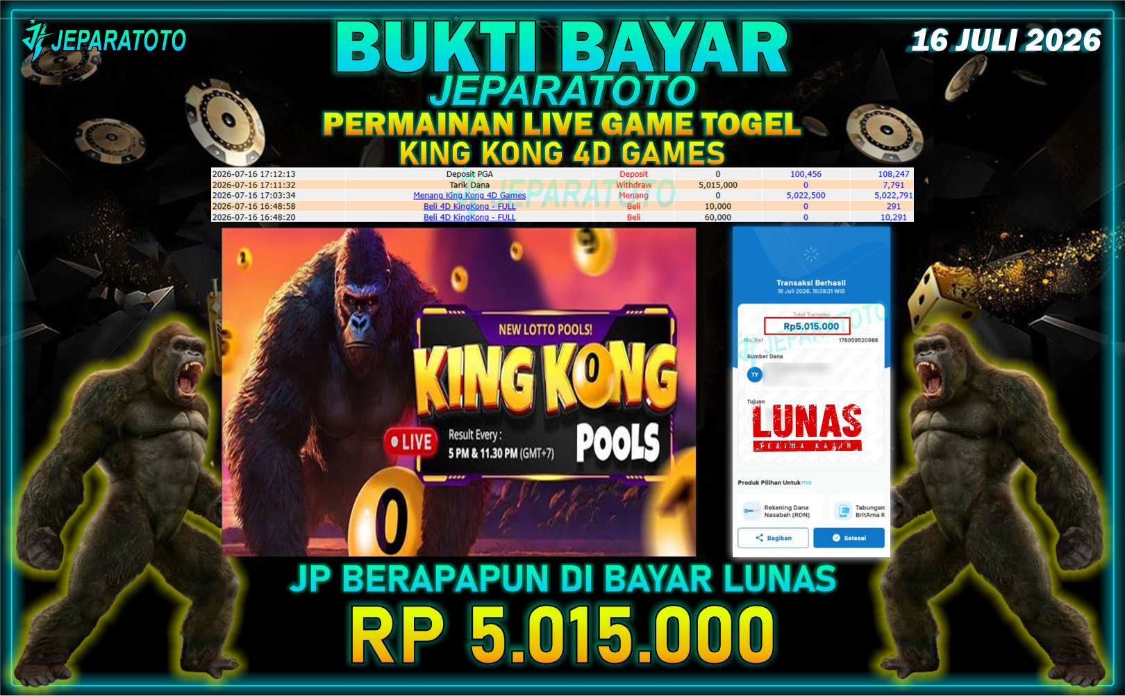 BUKTI KEMENANGAN MEMBER JEPARATOTO I KING KONG 4D GAMES
