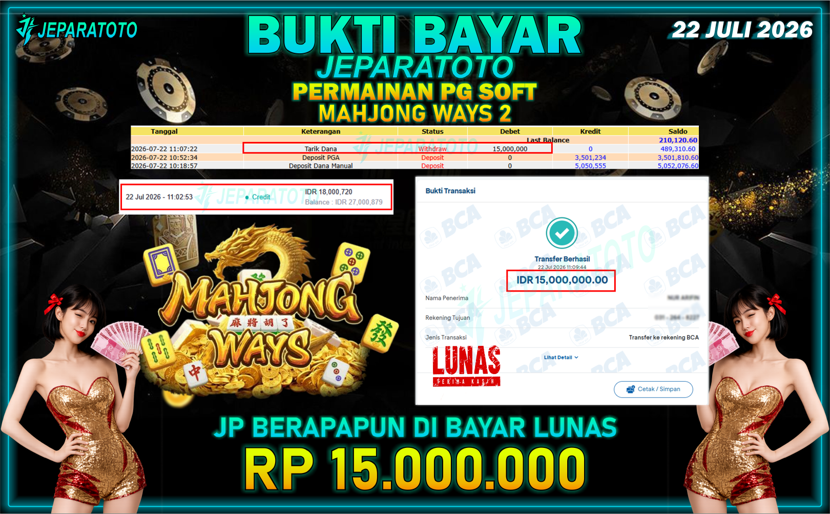 BUKTI KEMENANGAN MEMBER JEPARATOTO I MAHJONG WAYS 2