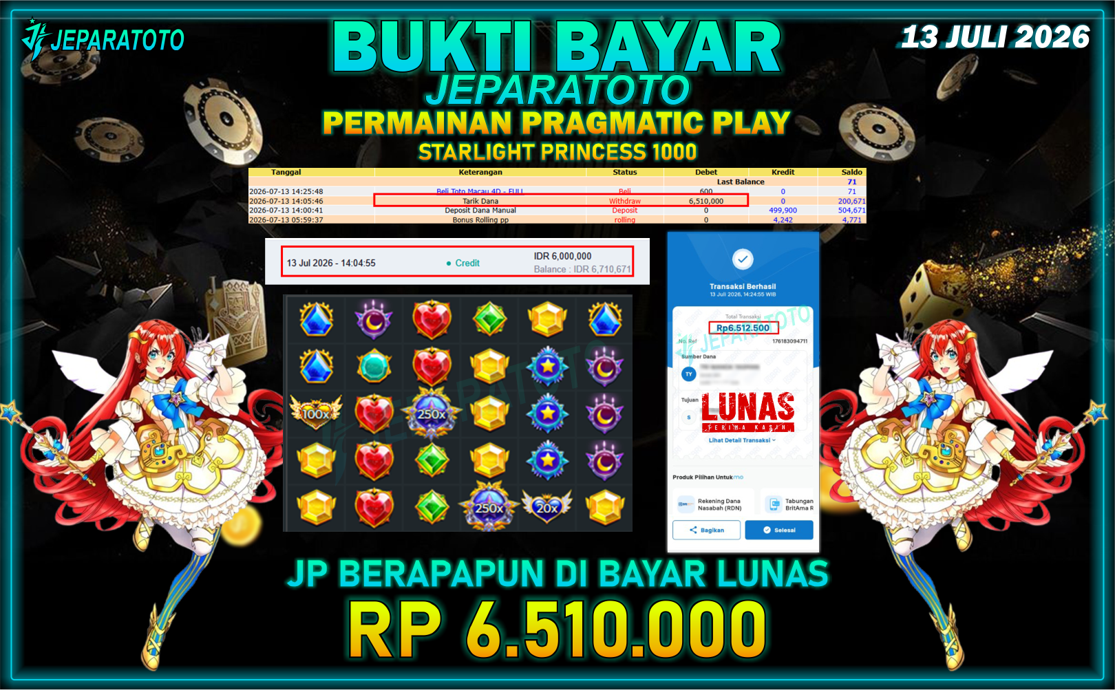 BUKTI KEMENANGAN MEMBER JEPARATOTO I STARLIGHT PRINCESS 1000