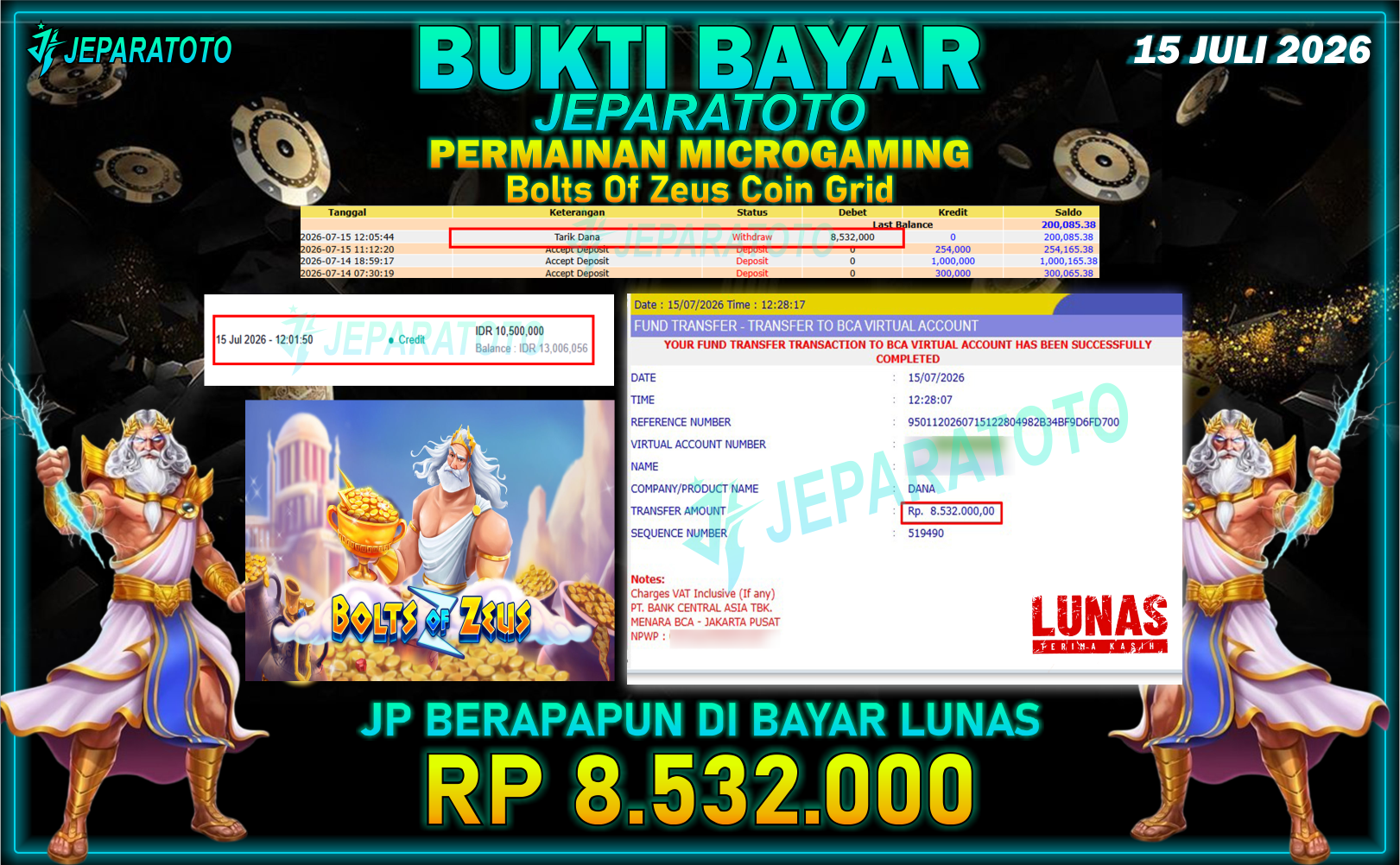 BUKTI KEMENANGAN MEMBER JEPARATOTO I BOLTS OF ZEUS COIN GRID
