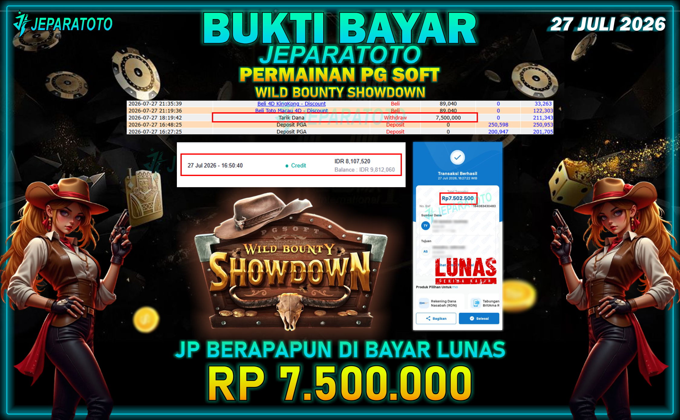 BUKTI KEMENANGAN MEMBER JEPARATOTO I WILD BOUNTY SHOWDOWN
