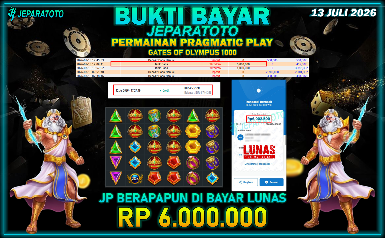 BUKTI KEMENANGAN MEMBER JEPARATOTO I GATES OF OLYMPUS 1000