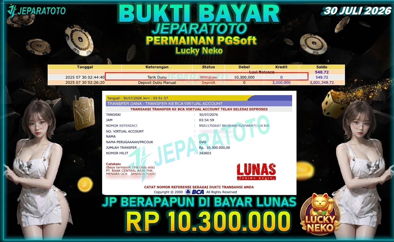 BUKTI KEMENANGAN MEMBER JEPARATOTO I LUCKY NEKO
