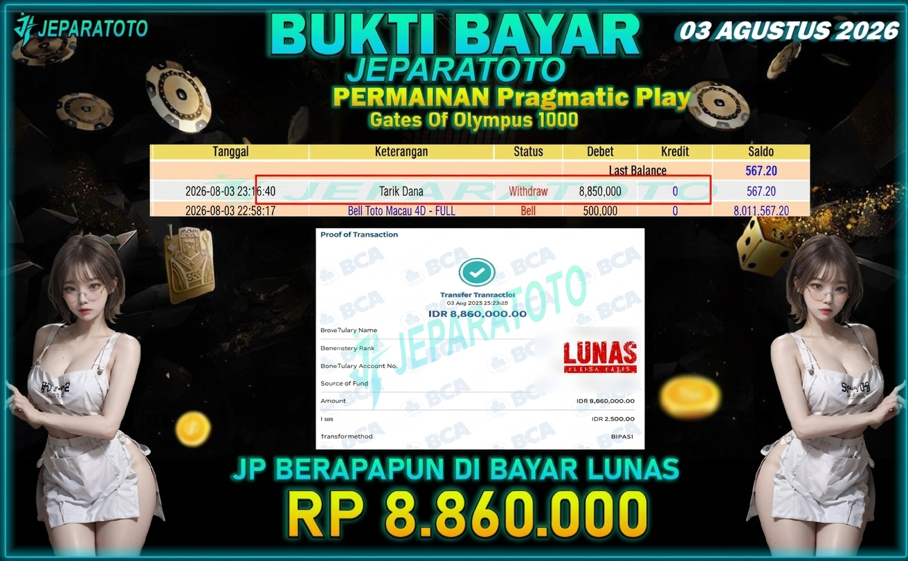 BUKTI KEMENANGAN MEMBER JEPARATOTO I GATES OF OLYMPUS 1000