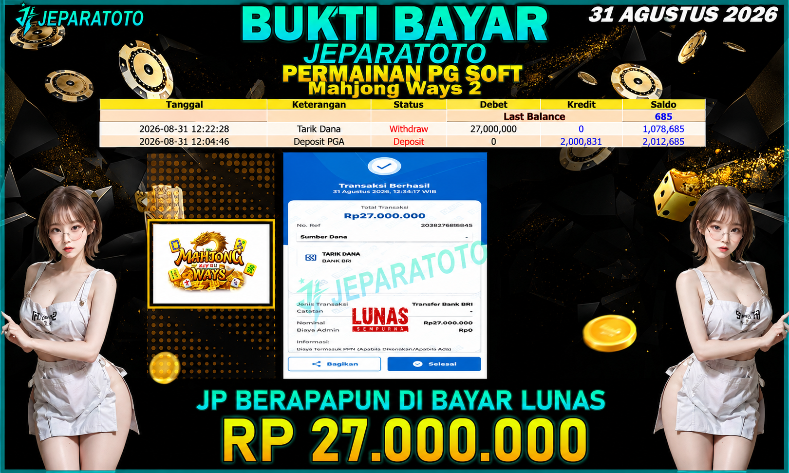 BUKTI KEMENANGAN MEMBER JEPARATOTO I MAHJONG WAYS 2
