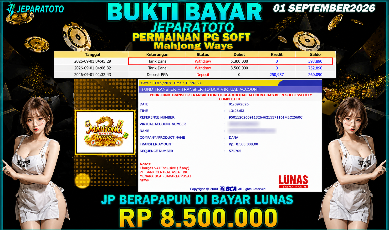 BUKTI KEMENANGAN MEMBER JEPARATOTO I MAHJONG WAYS